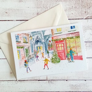 Biglietto artistico natalizio, biglietto per festa di Natale, acquerello natalizio, città innevata Natale, biglietto natalizio, biglietto artistico, illustrazione natalizia, biglietto natalizio ad acquerello, albero