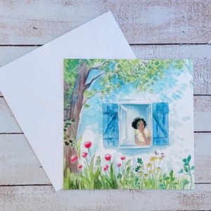 Petite carte postale, jardin aquarelle, carte postale, illustration femme dans jardin, aquarelle nature, carte postale carrée