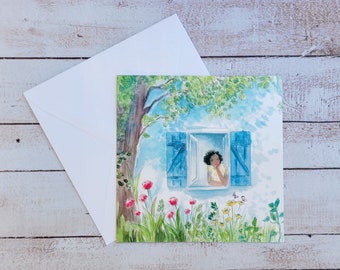 Small postcard, watercolor garden, postcard, woman in garden illustration, nature watercolor, square postcard