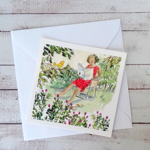 Petite carte postale carrée, illustration jardin aquarelle, carte postale, illustration femme dans jardin