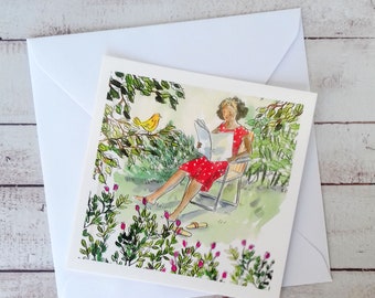 Small square postcard, watercolor garden illustration, postcard, woman in garden illustration