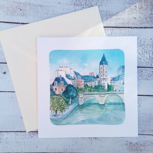 carte double Pont Neuf Paris, illustration immeubles Paris aquarelle, carte art, Pont Neuf Paris, pont Paris aquarelle