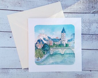 Pont Neuf Paris double card, illustration of Paris watercolor buildings, art card, Pont Neuf Paris, Paris watercolor bridge