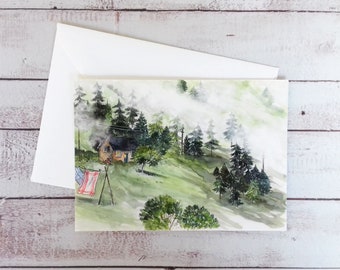 Printed watercolor, postcard, country house watercolor, landscape illustration, mountain illustration card