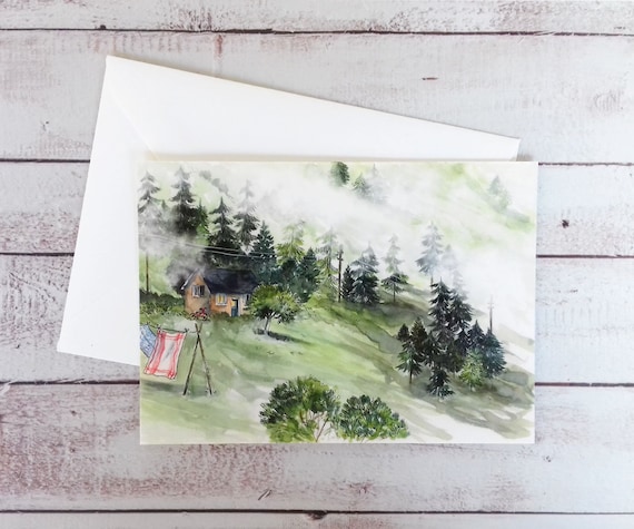 Printed watercolor, postcard, country house watercolor, landscape  illustration, mountain illustration card