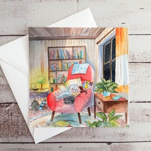 Petite carte postale, illustration lecture, aquarelle enfant, carte postale carrée, aquarelle carte illustration enfant