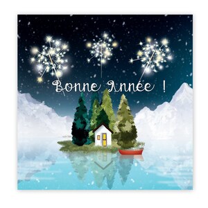 Biglietto di buon anno, auguri da cartolina, illustrazione per feste, inverno di montagna, Delphine Balme, biglietto degli auguri, paesaggio da cartolina