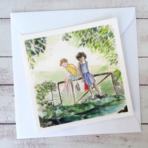 Petite carte postale carrée, carte enfant paysage, illustration aquarelle, carte postale enfant, illustration jeunesse