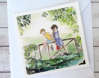 Small square postcard, landscape children's card, watercolor illustration, children's postcard, youth illustration