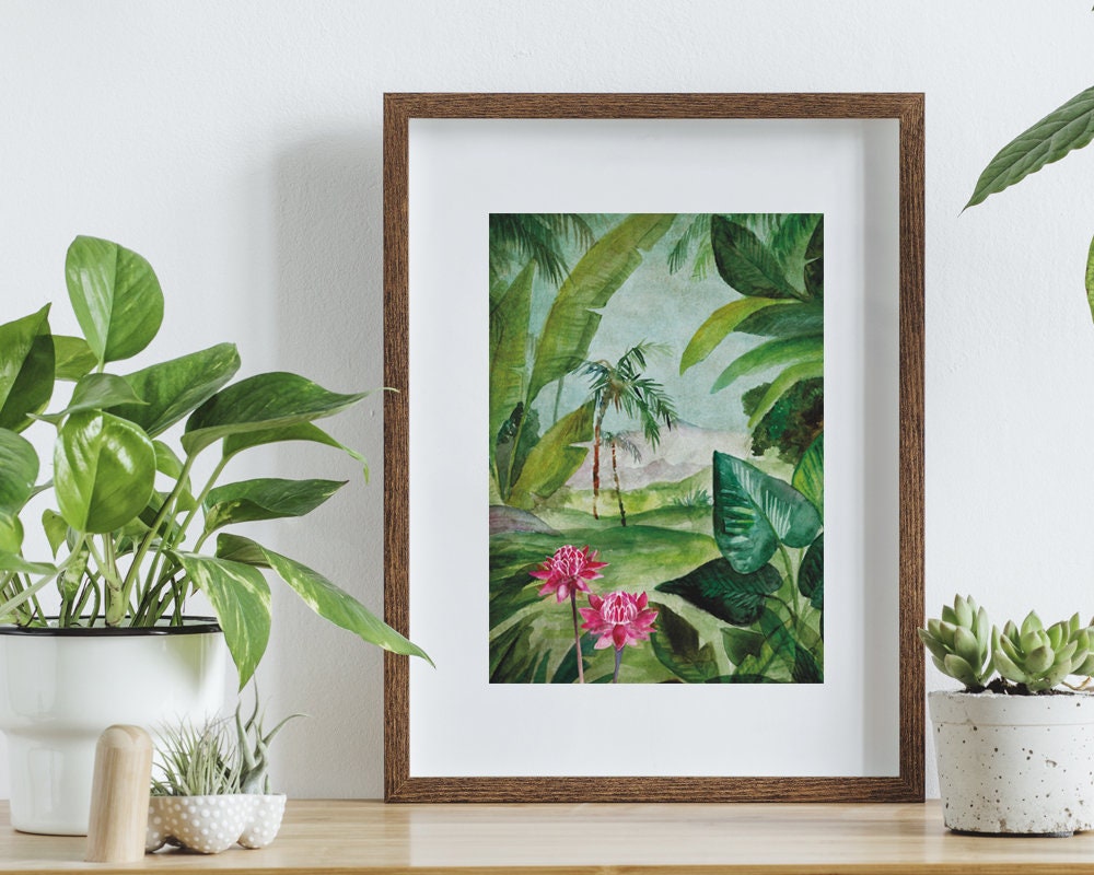 Poster Jungle, Aquarelle Affiche A4, Paysage Jungle Poster, Décoration Murale Jungle