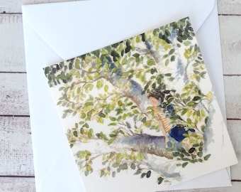 Petite carte postale carrée, illustration enfant aquarelle, carte postale, illustration jeunesse