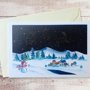 Carte art Noël, carte double village fête, aquarelle Noël, carte art dorure, carte art fête, illustration Noël, aquarelle carte Noël