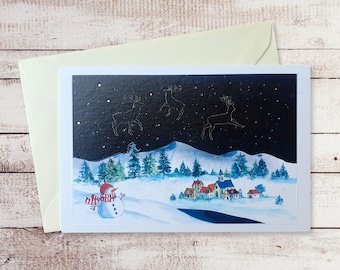 Christmas art card, double party village card, Christmas watercolor, gilding art card, party art card, Christmas illustration, watercolor Christmas card