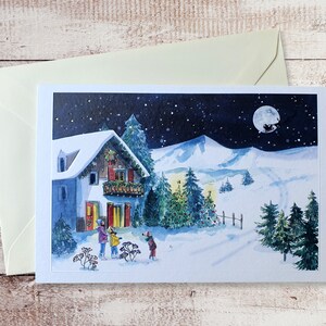 Dubbele kerstkaart, kersthuiskaart, kerstaquarel, verguldingskunstkaart, feestkunstkaart, kerstillustratie, aquarelkerstkaart