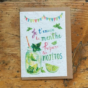 Carte à planter, carte illustration mojito, carte été, carte à semer, carte à graines, les cartes de Lulu, Delphine Balme, graine menthe