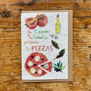 Carte à planter, carte illustration pizza, tomate carte, carte à semer, carte à graines, les cartes de Lulu, Delphine Balme, graines tomate