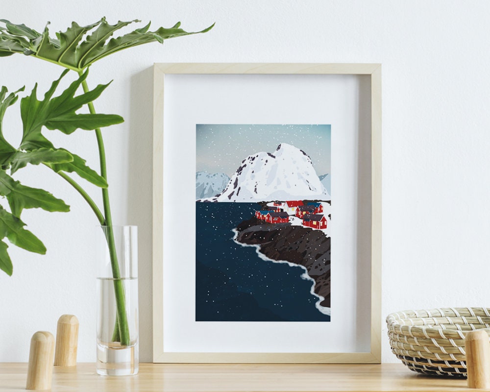 Affiche A4 Paysage Norvège, Peinture Digitale Glacier, Poster Pays