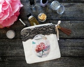 Coin purse boho, shabby coin pouch, small purse, lace cotton coin bag, cute zipper coin purse, rose watercolor fabric, idea gift for her
