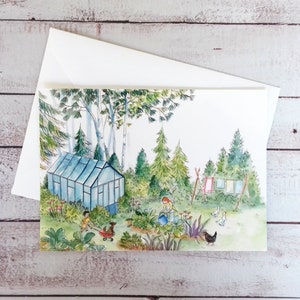 Aquarelprint, ansichtkaart, aquareltuinnatuur, landschapsillustratie, landschapsillustratiekaart