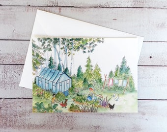 Printed watercolor, postcard, nature garden watercolor, landscape illustration, landscape illustration card