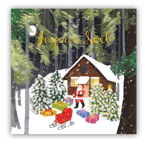 Illustration père Noël, carte Noël, illustration fête, illustration maison père noël, carte postale carré, carte fêtes