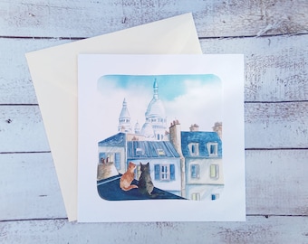 Montmartre Paris double card, cat roofs illustration, art card, Montmartre watercolor, Paris watercolor roofs