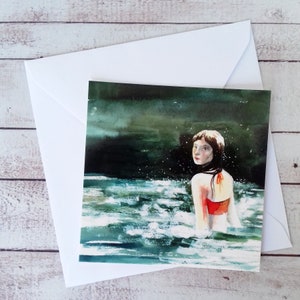 Petite carte postale carrée, illustration femme baignade, illustration été rivière, carte postale aquarelle