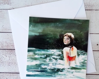 Small square postcard, bathing woman illustration, summer river illustration, watercolor postcard