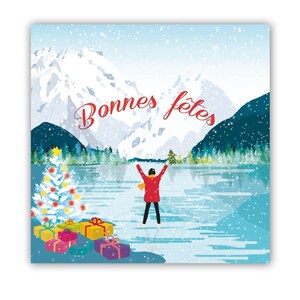 Cartolina di Natale, biglietto degli auguri, cartolina quadrata, illustrazione natalizia, illustrazione di montagna invernale, illustrazione del ghiacciaio