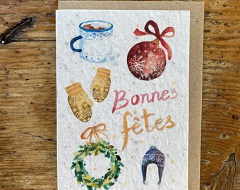Carte à planter Bonnes fêtes, carte meilleurs voeux, carte à graines, les cartes de Lulu, illustration Noël, carte à planter Noël