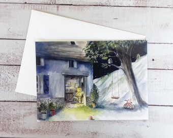 Printed watercolor, postcard, countryside house watercolor, landscape illustration, countryside workshop illustration card