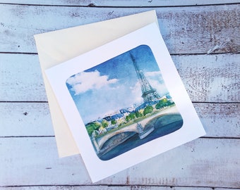 carte double Paris, tour Eiffel, Paris aquarelle, carte d'art, delphine balme, carte Paris, tour Eiffel aquarelle, illustration carte Paris