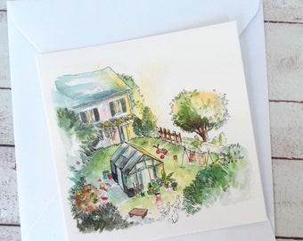 Petite carte postale carrée, carte maison campagne paysage, illustration aquarelle, carte postale campagne, illustration jeunesse