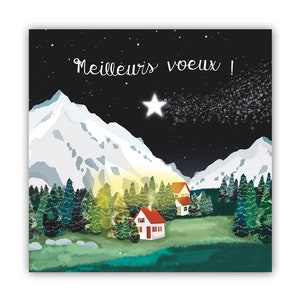Biglietto di buon anno, illustrazione dei migliori auguri, cartolina di Capodanno, illustrazione del paesaggio montano, illustrazione notturna