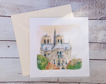 carte double Notre Dame de Paris, cathédrale Paris aquarelle, carte art, carte Paris, Notre Dame Paris aquarelle, illustration carte Paris