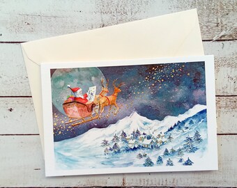 Double Christmas card, Santa Claus card, Christmas watercolor, gilding card, Christmas card, party art card, Christmas illustration, watercolor Christmas card