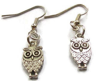 Silver Owl Earrings, Wildlife Bird Earrings, Cute Bird Charm Drop Earrings, Owl Pendant Earrings, Sterling Silver Earrings