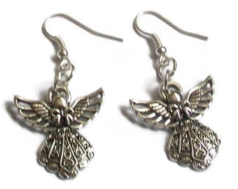 Silver Pendant Angel Earrings, Sterling Silver Dangle Earrings, Guardian Angel Charm Drop Earrings, Spiritual Earrings