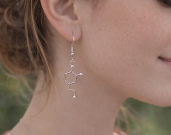 Pendientes con forma de molécula de serotonina y dopamina, joyería científica y biológica, regalo para ella.