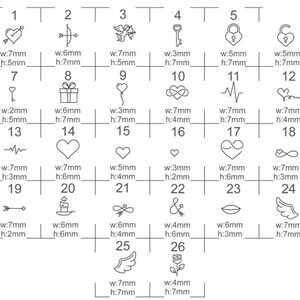 Puede incluir: Una cuadr&iacute;cula de 26 peque&ntilde;os dise&ntilde;os de arte lineal negro, cada uno con una forma &uacute;nica. Los dise&ntilde;os incluyen corazones, flechas, llaves, cerraduras y alas, con medidas en mil&iacute;metros. Ideal para joyer&iacute;a o manualidades.