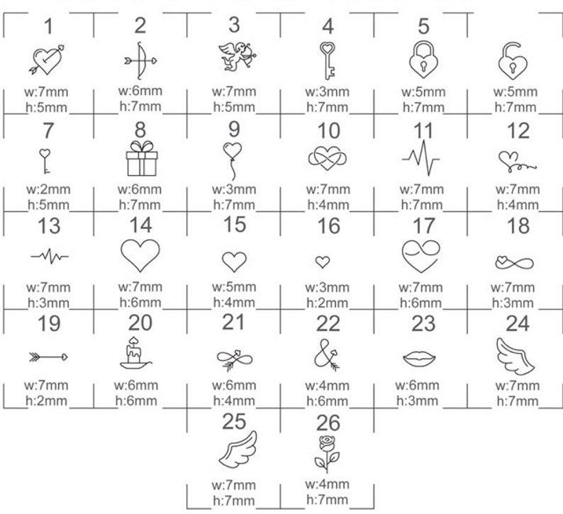 Puede incluir: Una cuadr&iacute;cula de 26 peque&ntilde;os dise&ntilde;os de arte lineal negro, cada uno con una forma &uacute;nica. Los dise&ntilde;os incluyen corazones, flechas, llaves, cerraduras y alas, con medidas en mil&iacute;metros. Ideal para joyer&iacute;a o manualidades.