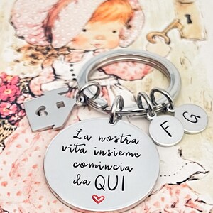 Puede incluir: Un llavero plateado con un colgante redondo con texto en italiano y un peque&ntilde;o coraz&oacute;n. El llavero tambi&eacute;n presenta un dije de casa y dos dijes circulares con las letras "F" y "G". El fondo es una ilustraci&oacute;n vintage de un ni&ntilde;o.