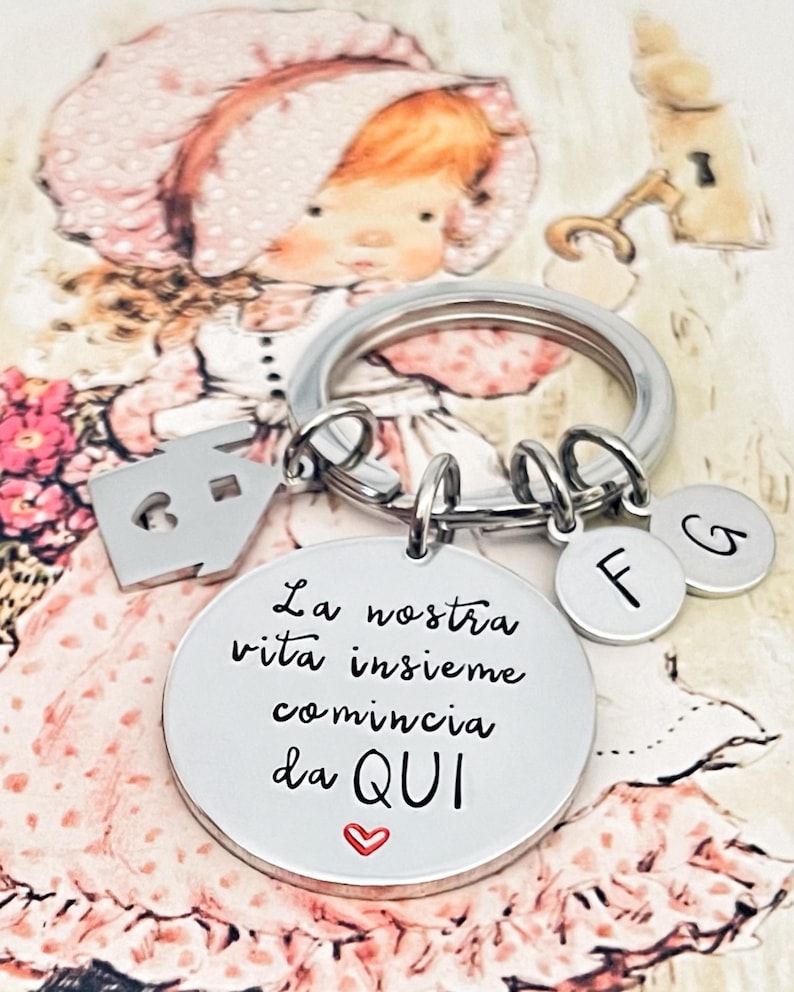 Puede incluir: Un llavero plateado con un colgante redondo con texto en italiano y un peque&ntilde;o coraz&oacute;n. El llavero tambi&eacute;n presenta un dije de casa y dos dijes circulares con las letras "F" y "G". El fondo es una ilustraci&oacute;n vintage de un ni&ntilde;o.