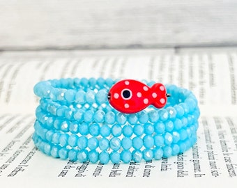 Beaded wrap bracelet, Fish Bracelet, memory wire bracelet