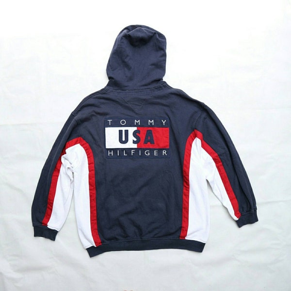 Vintage tommy hilfiger pullover hooded spellout color big flag usa, large in good condition