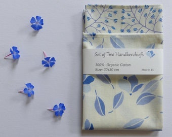 Organic Cotton Handkerchief (Tea Napkin); Single, or Set of Two; Magnolia in blue