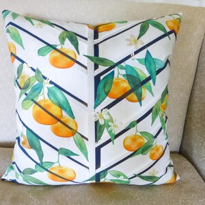 birds fruit 45 cm Square Eco Cushion Cover in orchard print in blue on white; eco-friendly organic cotton hemp; trees