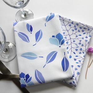 Organic Tea Towel set, Blue and Purple Magnolia Blossoms