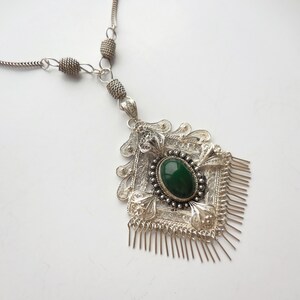 Antique Huge Green Turquoise Filigree Dangle Pendant & 28 Inch 1000 Fine Silver Lariat Necklace