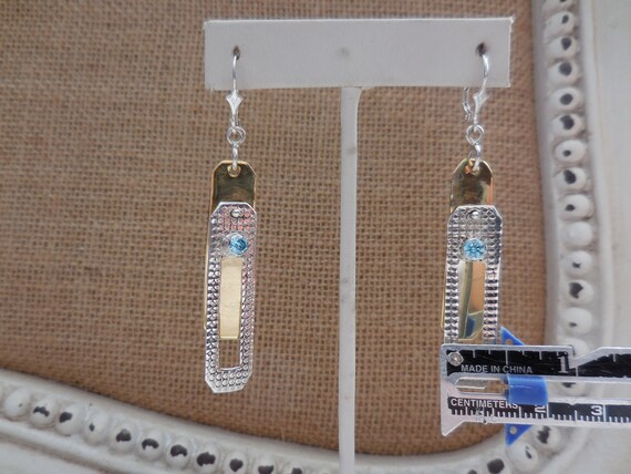 Two Tone Rectangular Blue Topaz Dangle Earrings 9… - image 8